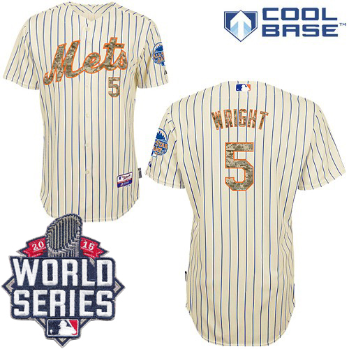 Mets #5 David Wright Cream(Blue Strip) USMC Cool Base W/2015 World Series Patch Stitched MLB Jersey