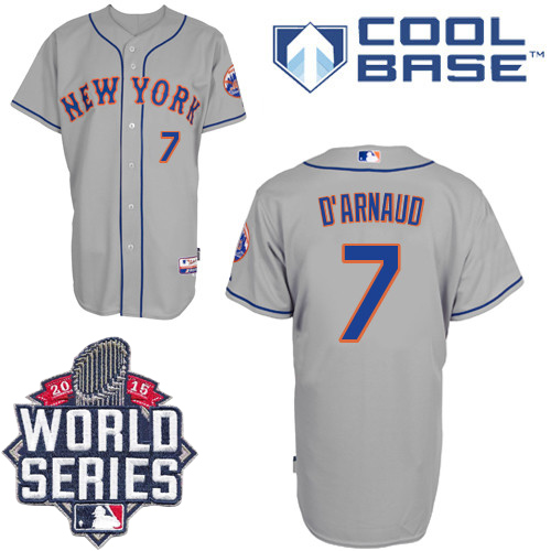 Mets #7 Travis d'Arnaud Grey Road Cool Base W/2015 World Series Patch Stitched MLB Jersey