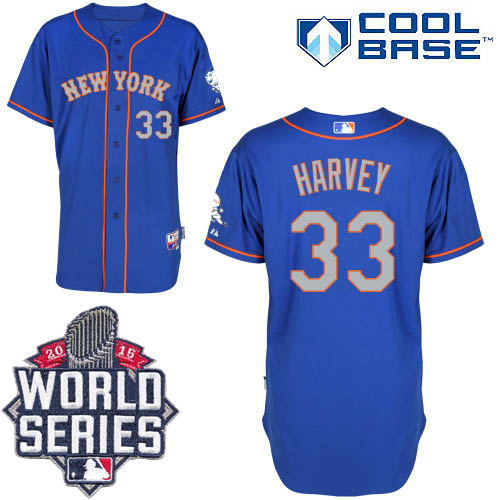Mets #33 Matt Harvey Blue(Grey NO.) Alternate Road Cool Base W/2015 World Series Patch Stitched MLB Jersey