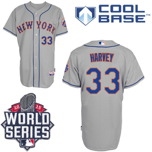Mets #33 Matt Harvey Grey Road Cool Base W/2015 World Series Patch Stitched MLB Jersey