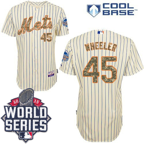 Mets #45 Zack Wheeler Cream(Blue Strip) USMC Cool Base W/2015 World Series Patch Stitched MLB Jersey