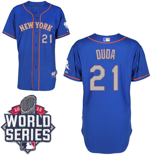 Mets #21 Lucas Duda Blue(Grey NO.) Alternate Road Cool Base W/2015 World Series Patch Stitched MLB Jersey
