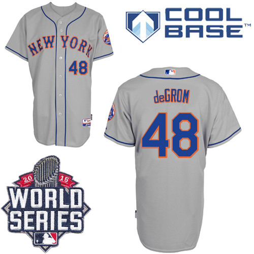 Mets #48 Jacob DeGrom Grey Road Cool Base W/2015 World Series Patch Stitched MLB Jersey