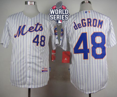 Mets #48 Jacob DeGrom White(Blue Strip) Home Cool Base W/2015 World Series Patch Stitched MLB Jersey