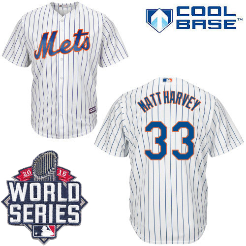 Mets #33 Matt Harvey White(Blue Strip) New Cool Base W/2015 World Series Patch Stitched MLB Jersey