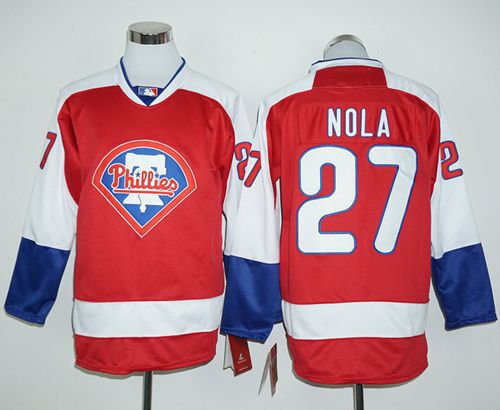 Phillies #27 Aaron Nola Red Long Sleeve Stitched MLB Jersey