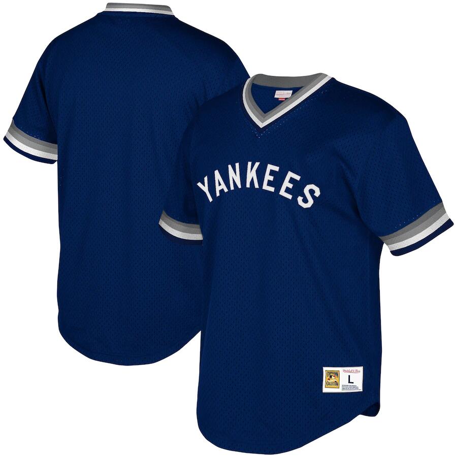 Men's New York Yankees Navy Mitchell & Ness Cooperstown Collection Mesh Wordmark V-Neck MLB Jersey