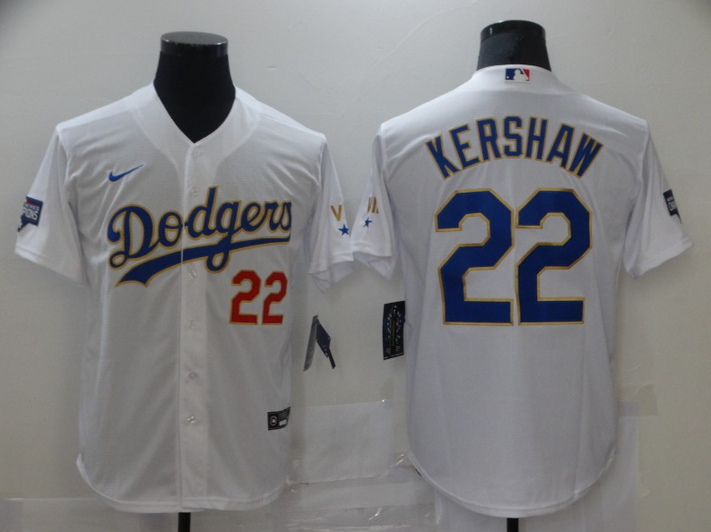 Men's Los Angeles Dodgers #22 Clayton Kershaw White Gold Championship Cool Base Sttiched MLB Jersey