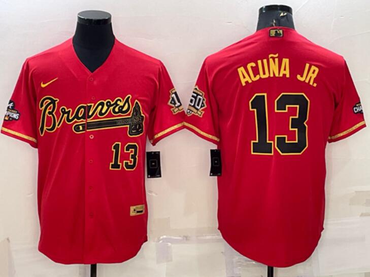Men's Atlanta Braves Customized Red Gold Cool Base Stitched Baseball Jersey