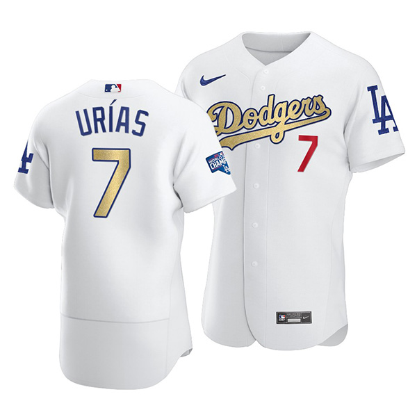 Men's Los Angeles Dodgers #7 Julio Urias 2021 White Gold World Series Champions Patch Sttiched MLB Jersey