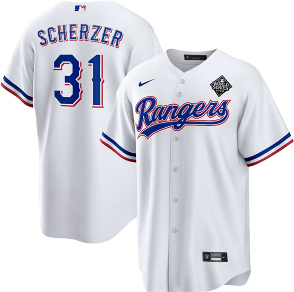Men's Texas Rangers #31 Max Scherzer White 2023 World Series Stitched Baseball Jersey