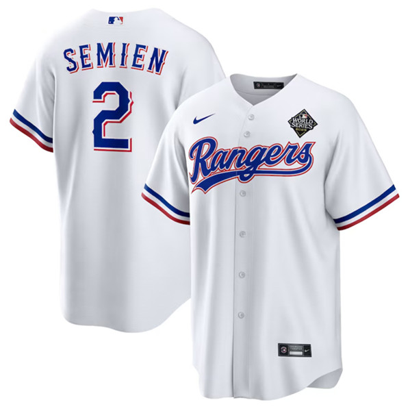 Men's Texas Rangers #2 Marcus Semien White 2023 World Series Stitched Baseball Jersey