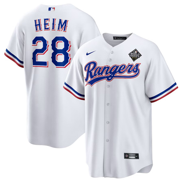 Men's Texas Rangers #28 Jonah Heim White 2023 World Series Stitched Baseball Jersey