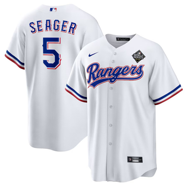 Men's Texas Rangers #5 Corey Seager White 2023 World Series Stitched Baseball Jersey