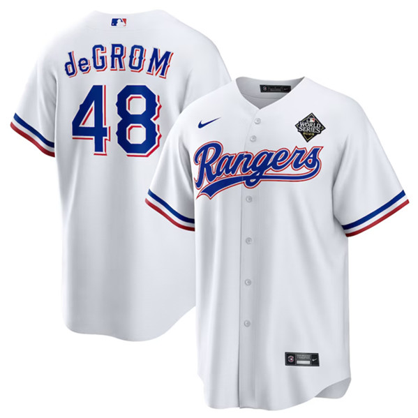 Men's Texas Rangers #48 Jacob deGrom White 2023 World Series Cool Base Stitched Baseball Jersey
