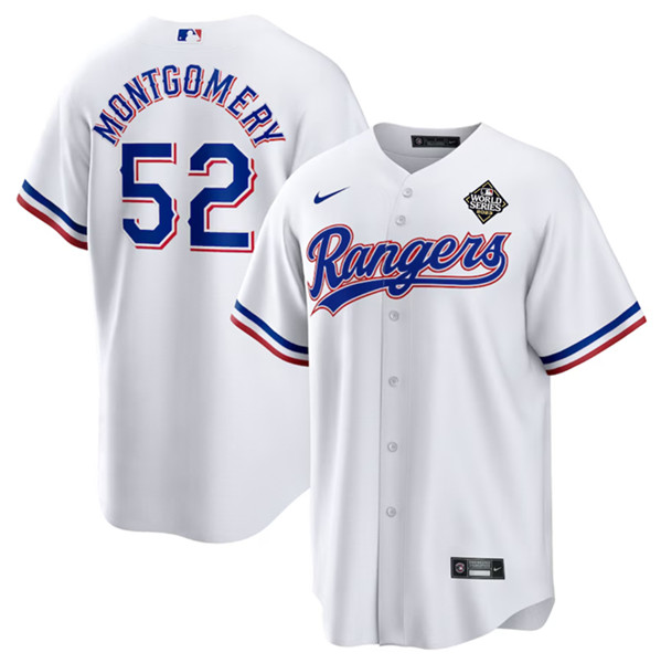 Men's Texas Rangers #52 Jordan Montgomery White 2023 World Series Stitched Baseball Jersey