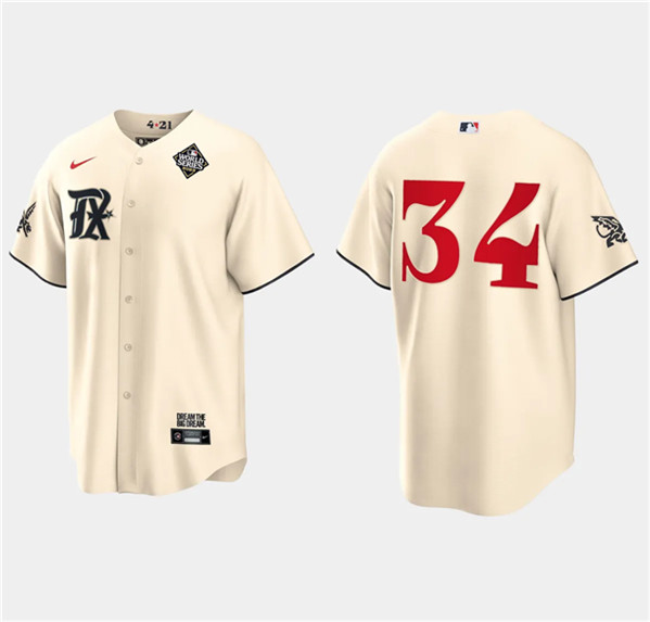 Men's Texas Rangers #34 Nolan Ryan Cream 2023 World Series City Connect Stitched Baseball Jersey