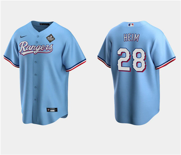 Men's Texas Rangers #28 Jonah Heim Blue 2023 World Series Stitched Baseball Jersey