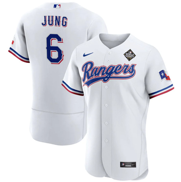 Men's Texas Rangers #6 Josh Jung White 2023 World Series Flex Base Stitched Baseball Jersey