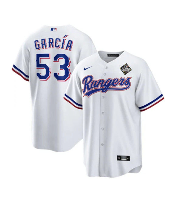 Men's Texas Rangers #53 Adolis García White 2023 World Series Stitched Baseball Jersey