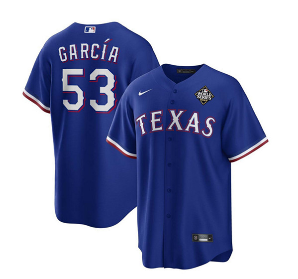 Men's Texas Rangers #53 Adolis García Royal 2023 World Series Stitched Baseball Jersey
