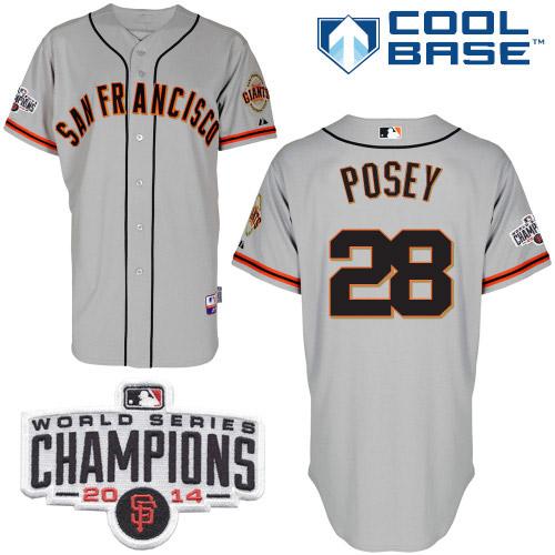 Giants #28 Buster Posey Grey W/2014 World Series Champions Patch Stitched MLB Jersey