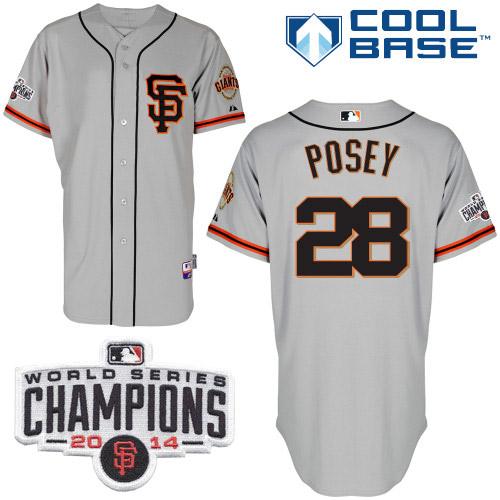 Giants #28 Buster Posey Grey Road 2 Cool Base W/2014 World Series Champions Patch Stitched MLB Jersey