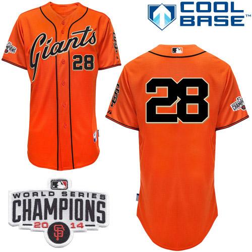 Giants #28 Buster Posey Orange W/2014 World Series Champions Patch Stitched MLB Jersey