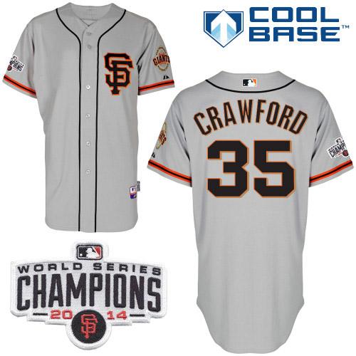 Giants #35 Brandon Crawford Grey Road 2 Cool Base W/2014 World Series Champions Patch Stitched MLB jerseys