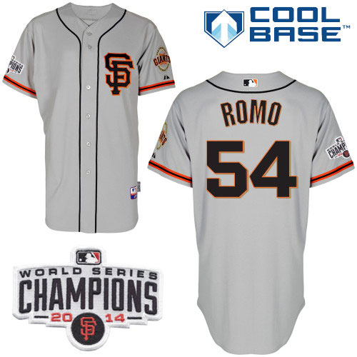 Giants #54 Sergio Romo Grey Road 2 Cool Base W/2014 World Series Champions Patch Stitched MLB Jersey