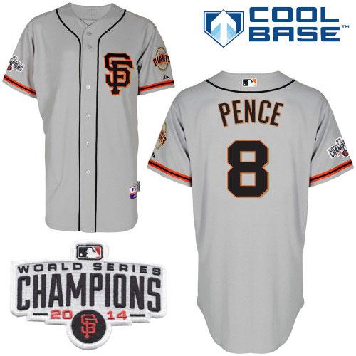 Giants #8 Hunter Pence Grey Road 2 Cool Base W/2014 World Series Champions Patch Stitched MLB Jersey