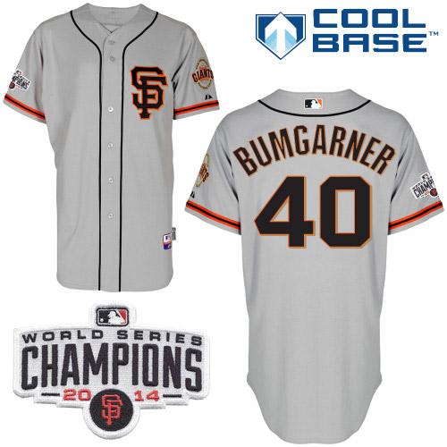 Giants #40 Madison Bumgarner Grey Road 2 Cool Base W/2014 World Series Champions Patch Stitched MLB Jersey