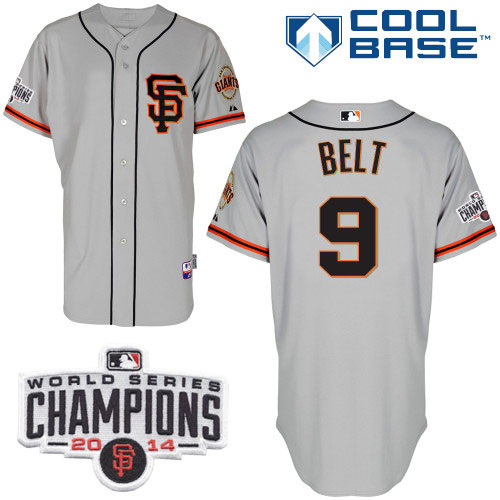 Giants #9 Brandon Belt Grey Road 2 Cool Base W/2014 World Series Champions Patch Stitched MLB Jersey