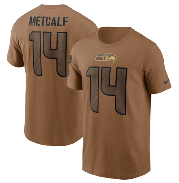 Men's Seattle Seahawks #14 DK Metcalf 2023 Brown Salute To Service Name & Number T-Shirt