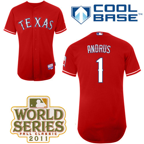 Rangers #1 Elvis Andrus Red Cool Base 2011 World Series Patch Stitched MLB Jersey
