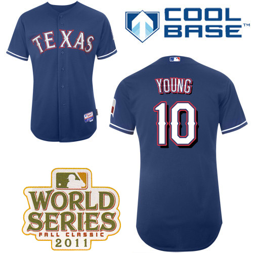 Rangers #10 Michael Young Blue Cool Base 2011 World Series Patch Stitched MLB Jersey