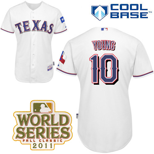 Rangers #10 Michael Young White Cool Base 2011 World Series Patch Stitched MLB Jersey