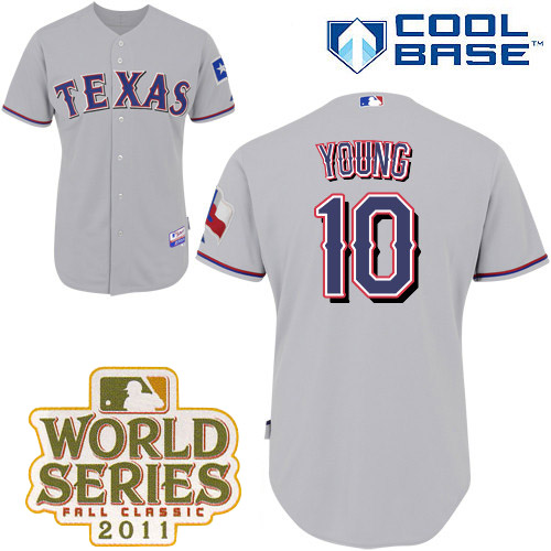 Rangers #10 Michael Young Grey Cool Base 2011 World Series Patch Stitched MLB Jersey