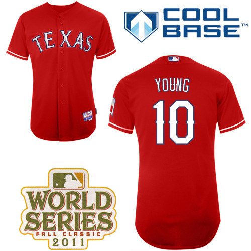 Rangers #10 Michael Young Red Cool Base 2011 World Series Patch Stitched MLB Jersey