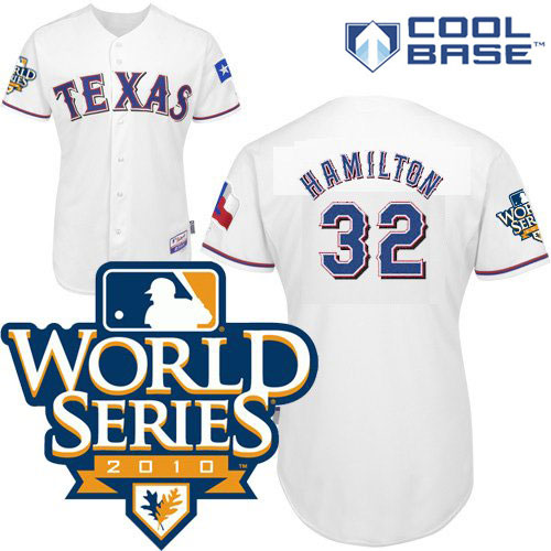 Rangers #32 Josh Hamilton White Cool Base w/2010 World Series Patch Stitched MLB Jersey