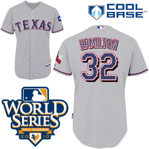 Rangers #32 Josh Hamilton Grey Cool Base w/2010 World Series Patch Stitched MLB Jersey