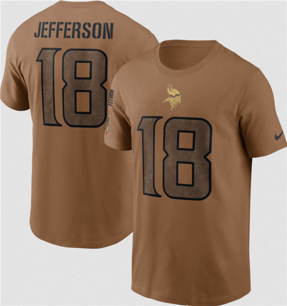 Men's Minnesota Vikings #18 Justin Jefferson 2023 Brown Salute To Service Name & Number T-Shirt