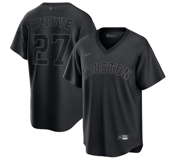 Men's Houston Astros #27 Jose Altuve Black Pitch Black Fashion Replica Stitched Jersey