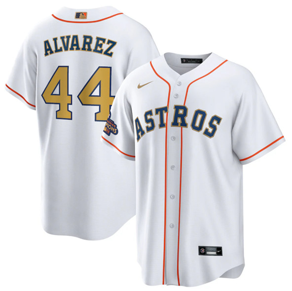 Men's Houston Astros #44 Yordan Alvarez White 2023 Gold Collection With World Serise Champions Patch Cool Base Stitched Baseball Jersey