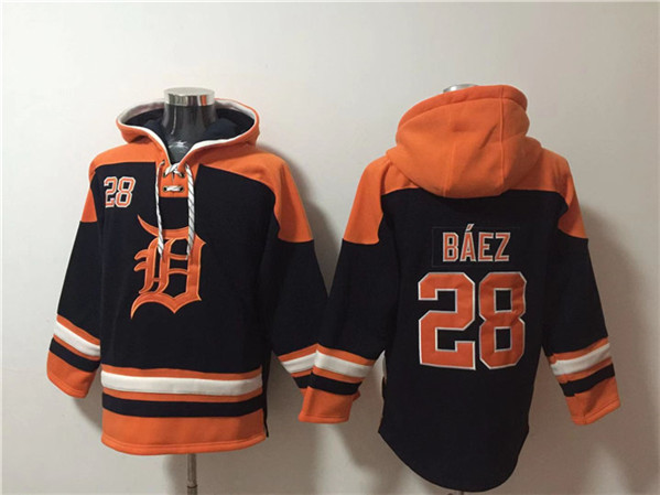 Men's Detroit Tigers #28 Javier Báez Black/Orange Lace-Up Pullover Hoodie