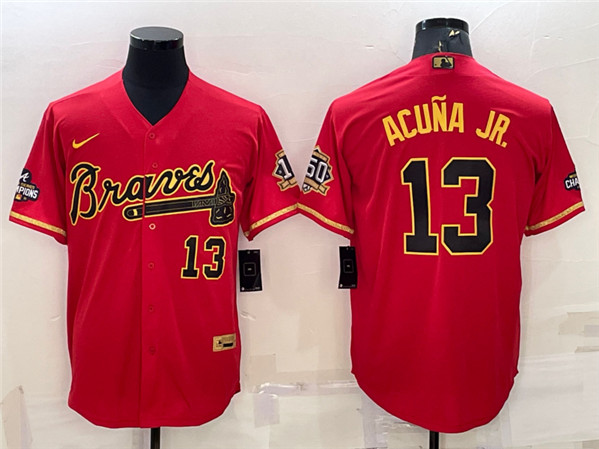 Men's Atlanta Braves #13 Ronald Acuna Jr. Red Gold Cool Base Stitched Baseball Jersey