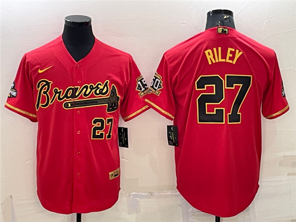 Men's Atlanta Braves #27 Austin Riley Red Gold Cool Base Stitched Baseball Jersey
