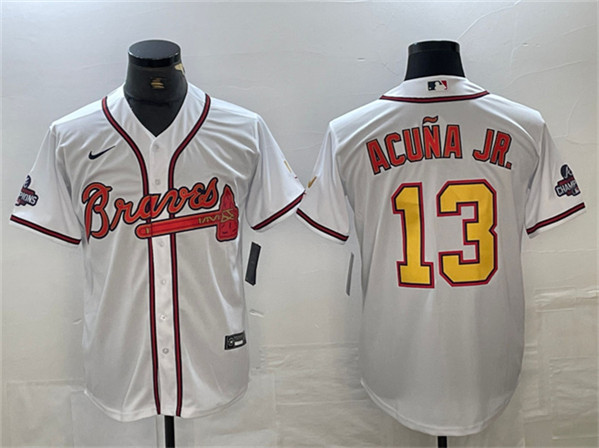 Men's Atlanta Braves #13 Ronald Acuña Jr. White Gold World Series Champions Cool Base Stitched Baseball Jersey