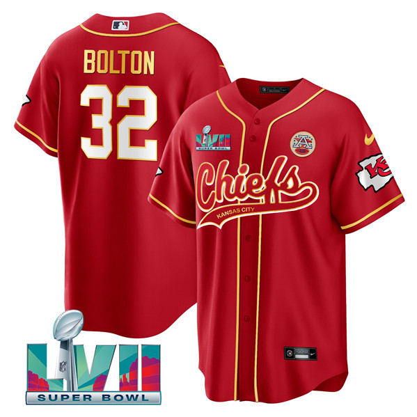Men's Kansas City Chiefs #32 Nick Bolton Red With 4-star C Patch And Super Bowl LVII Patch Cool Bae Stitched Jersey