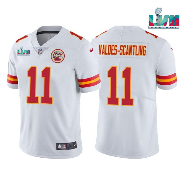 Men's Kansas City Chiefs #11 Marquez Valdes-Scantling White Super Bowl LVII Patch Vapor Untouchable Limited Stitched Jersey